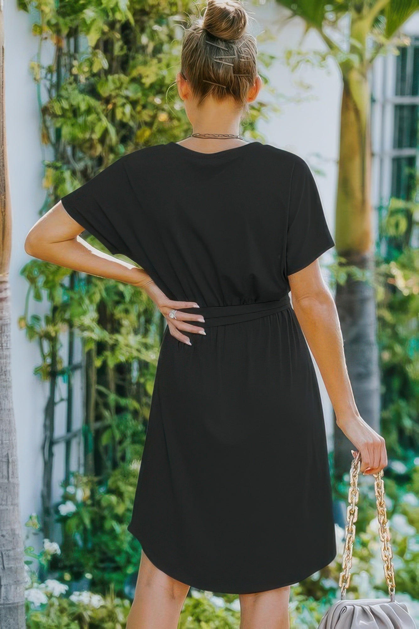 V Neck Waist Tie Solid A Line Dress - Goddess Vibes