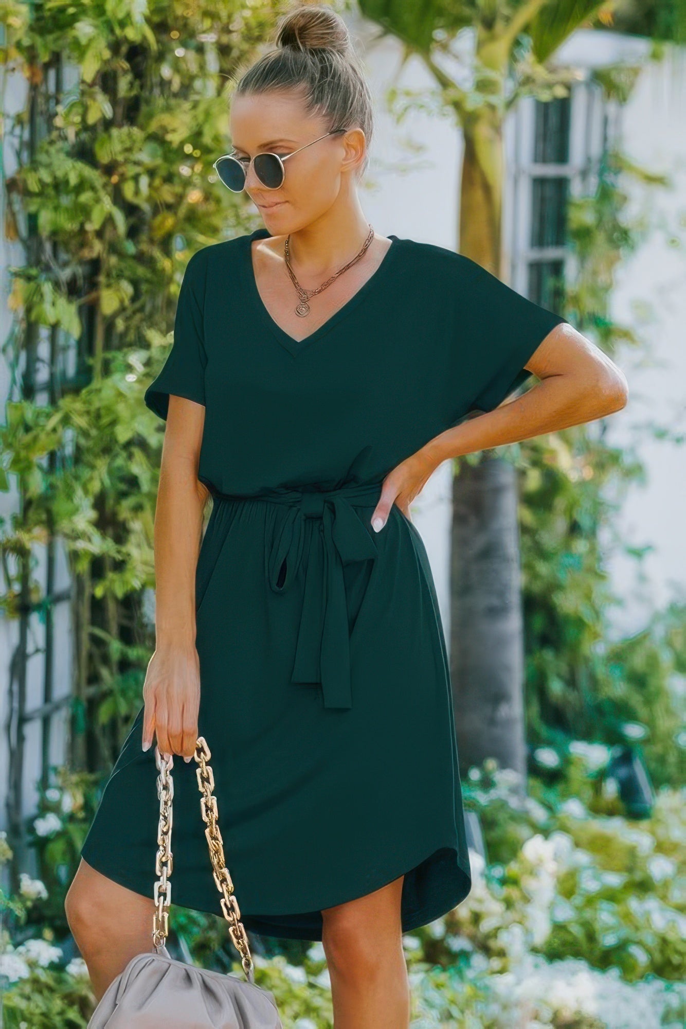 V Neck Waist Tie Solid A Line Dress - Goddess Vibes