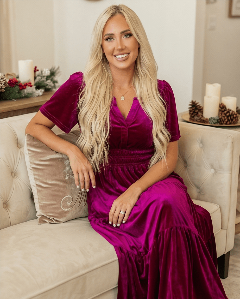 Velvet Tiered Maxi Dress with Shirred Waist & Short Sleeves - Crowned Energy CO.