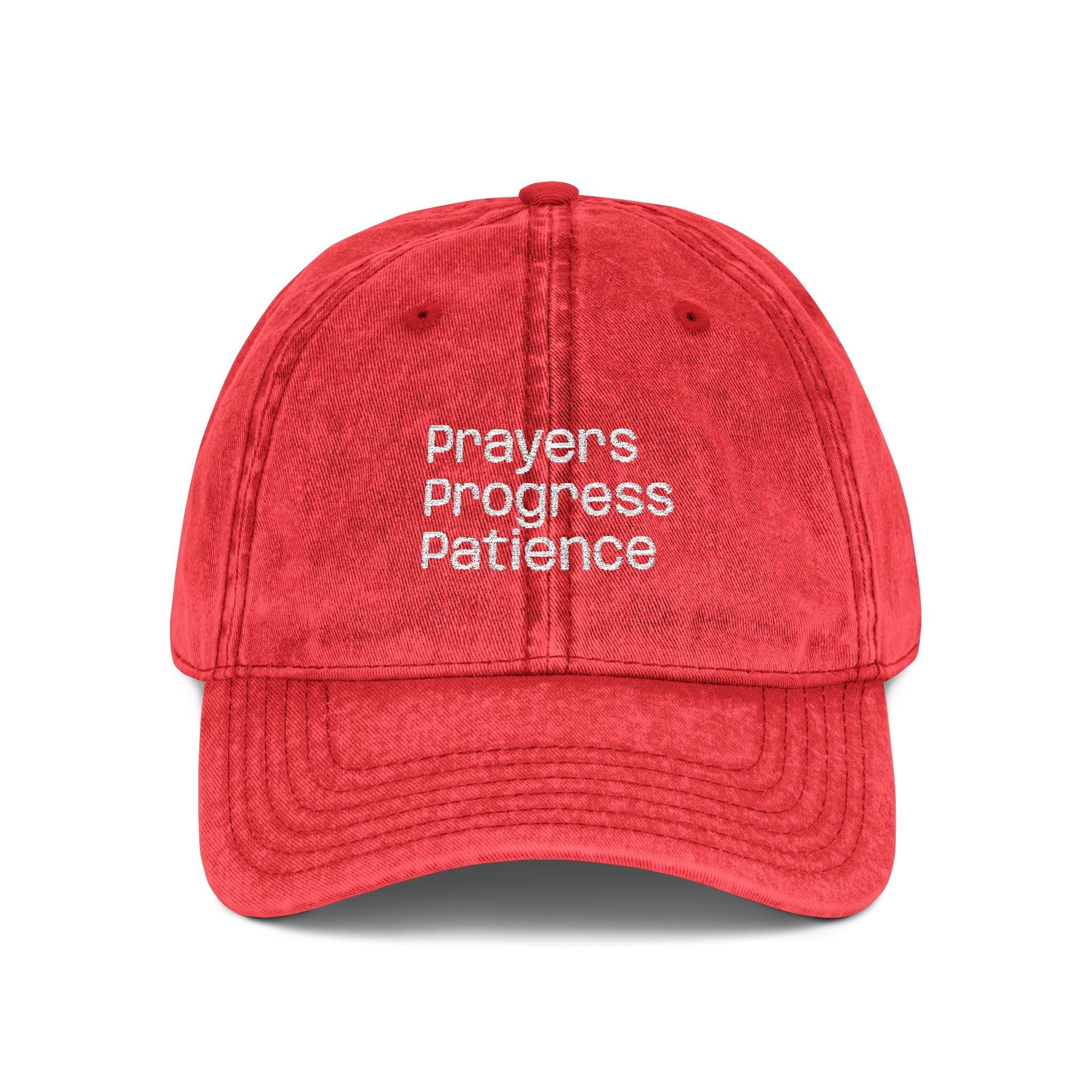 Vintage Embroidered Cap — "Prayers Progress Patience" Distressed Red Dad Hat - Crowned Energy CO.