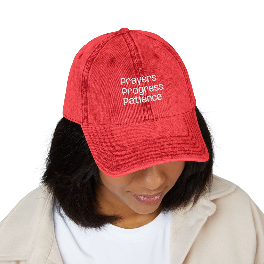 Vintage Embroidered Cap — "Prayers Progress Patience" Distressed Red Dad Hat - Crowned Energy CO.