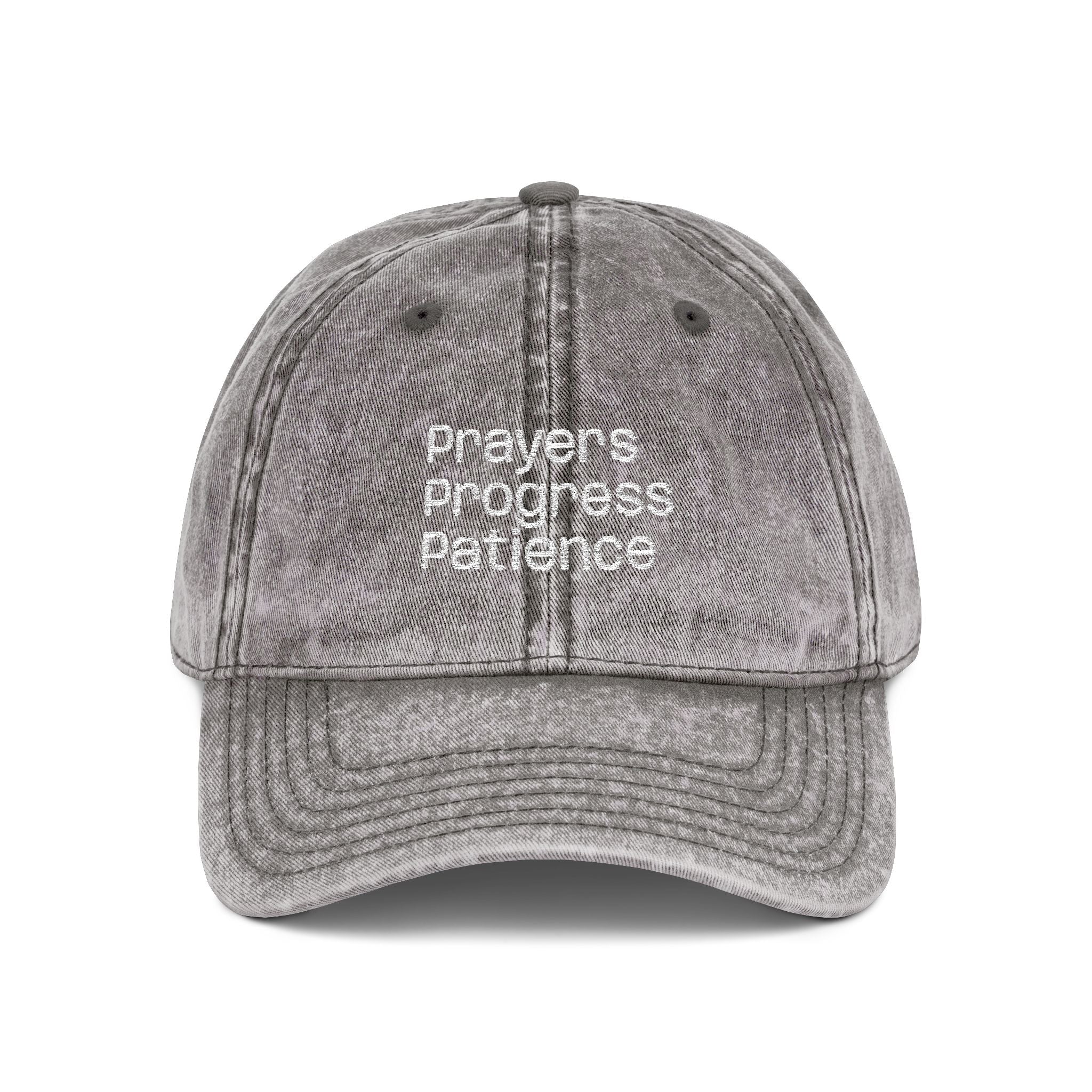 Vintage Embroidered Cap — "Prayers Progress Patience" Distressed Red Dad Hat - Crowned Energy CO.