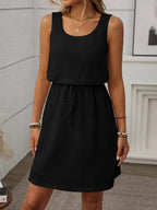 Crowned Energy CO. Cream / S Trendsi Dresses Waffle-Knit Drawstring Mini Tank Dress