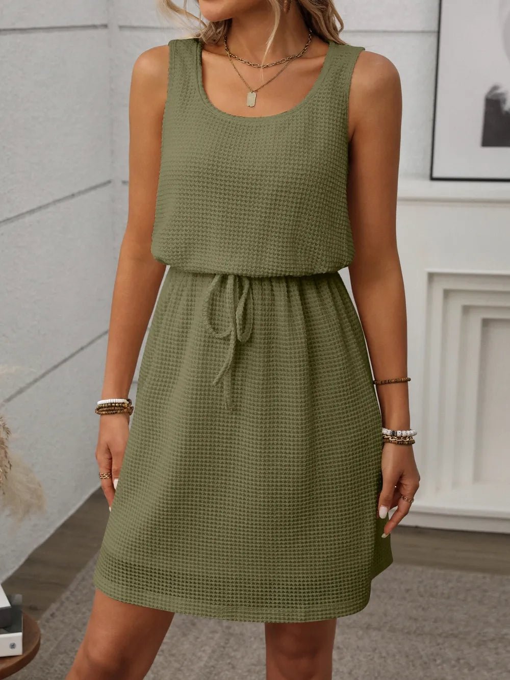 Crowned Energy CO. Cream / S Trendsi Dresses Waffle-Knit Drawstring Mini Tank Dress