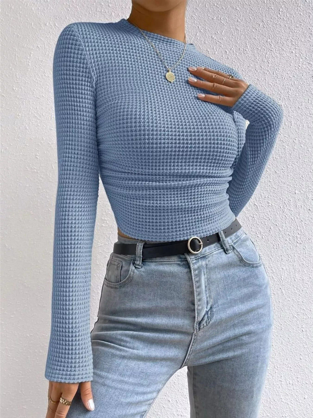 Crowned Energy CO. Beige / S Trendsi Shirt Waffle Knit Long Sleeve T-Shirt