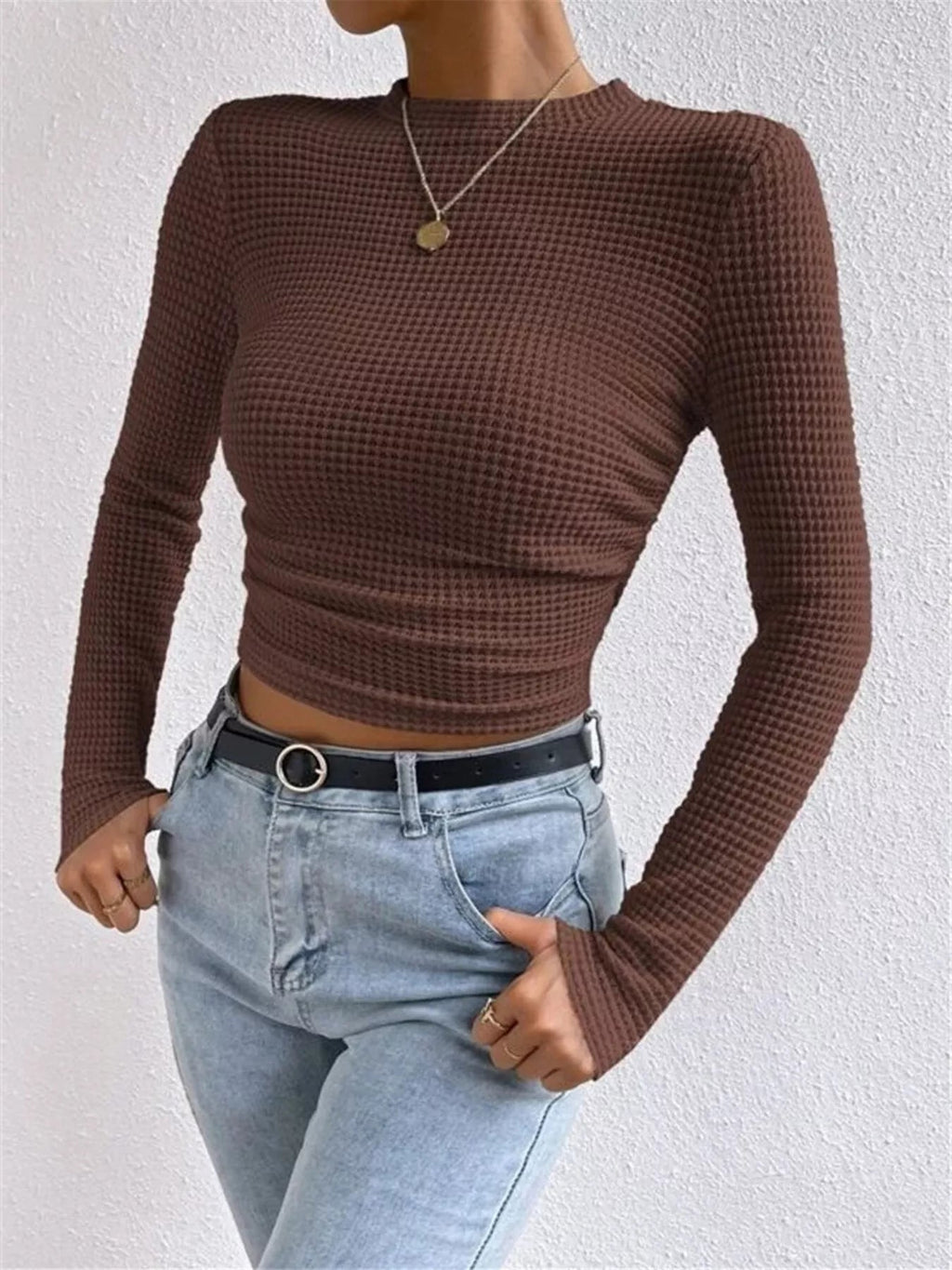 Crowned Energy CO. Beige / S Trendsi Shirt Waffle Knit Long Sleeve T-Shirt