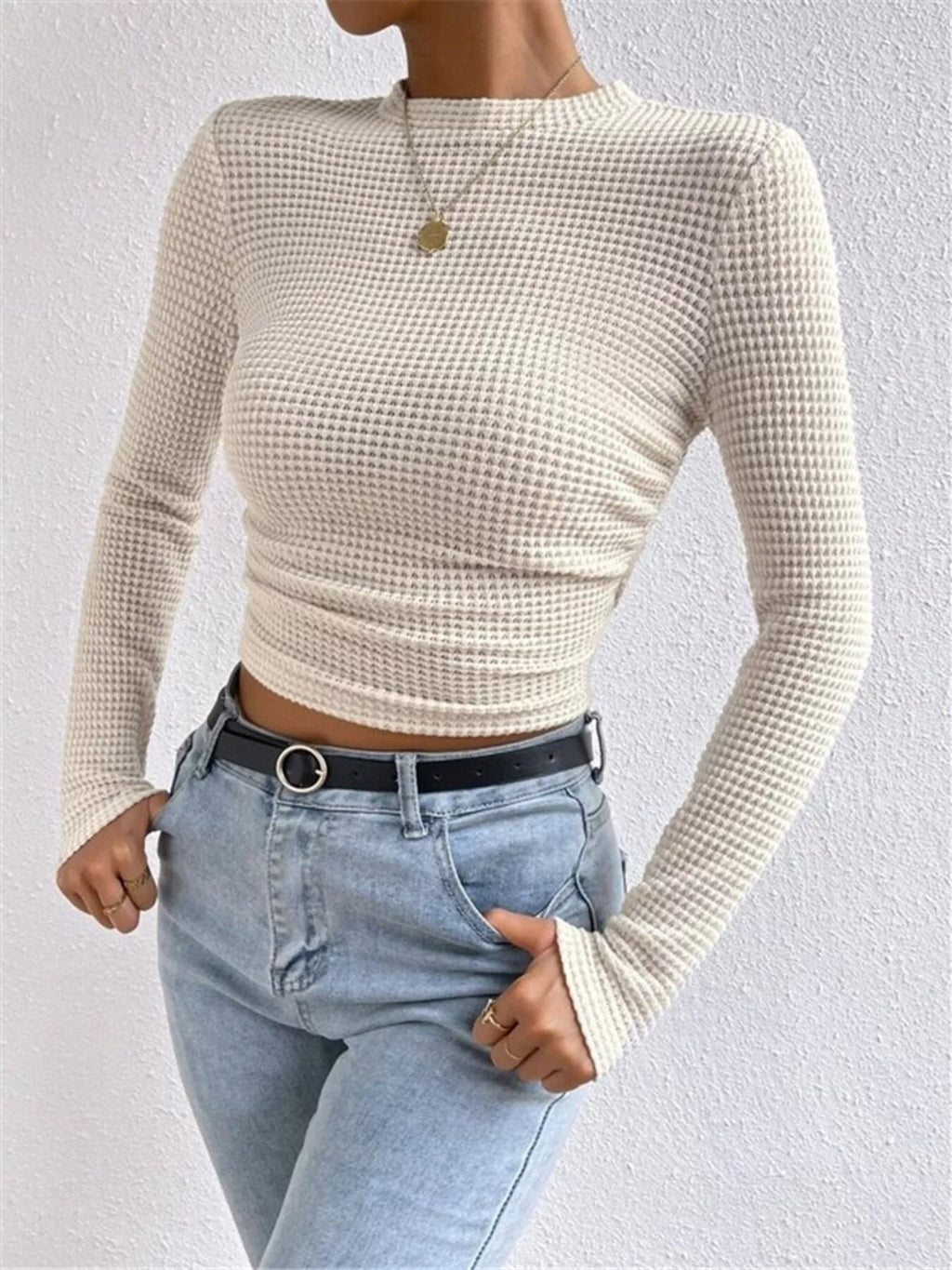 Crowned Energy CO. Beige / S Trendsi Shirt Waffle Knit Long Sleeve T-Shirt