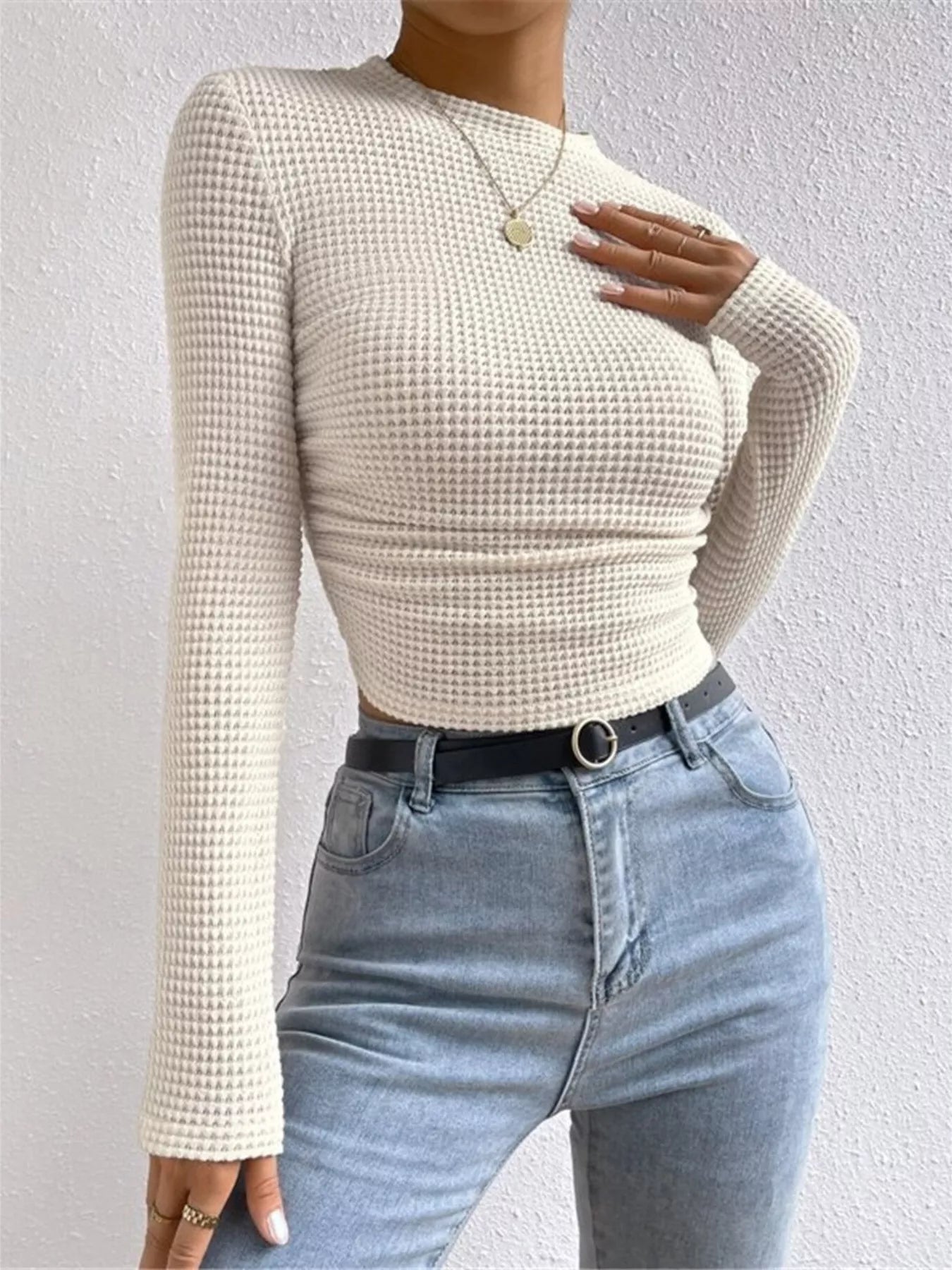 Crowned Energy CO. Beige / S Trendsi Shirt Waffle Knit Long Sleeve T-Shirt