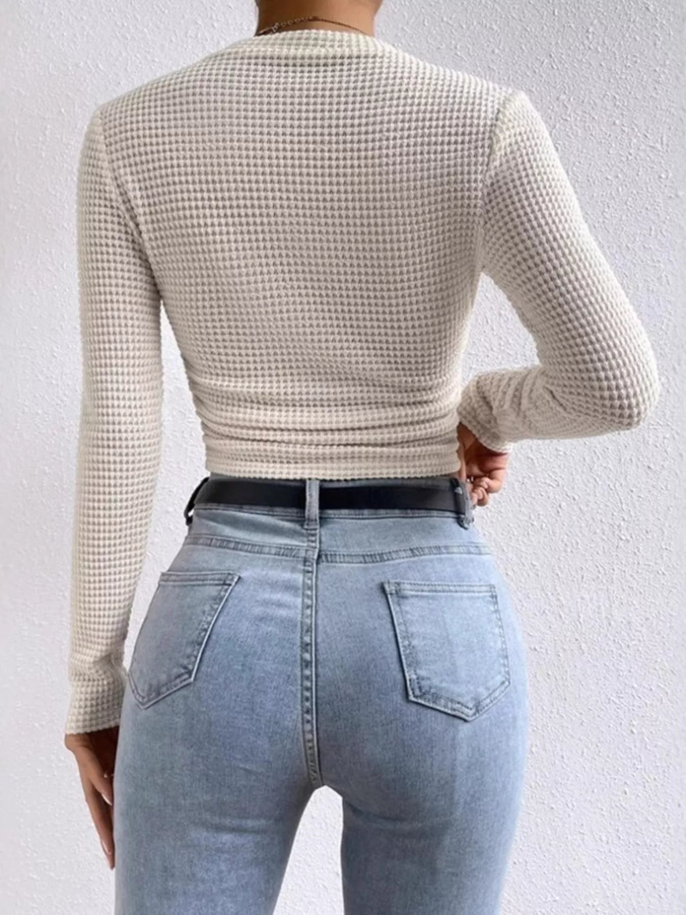 Crowned Energy CO. Beige / S Trendsi Shirt Waffle Knit Long Sleeve T-Shirt