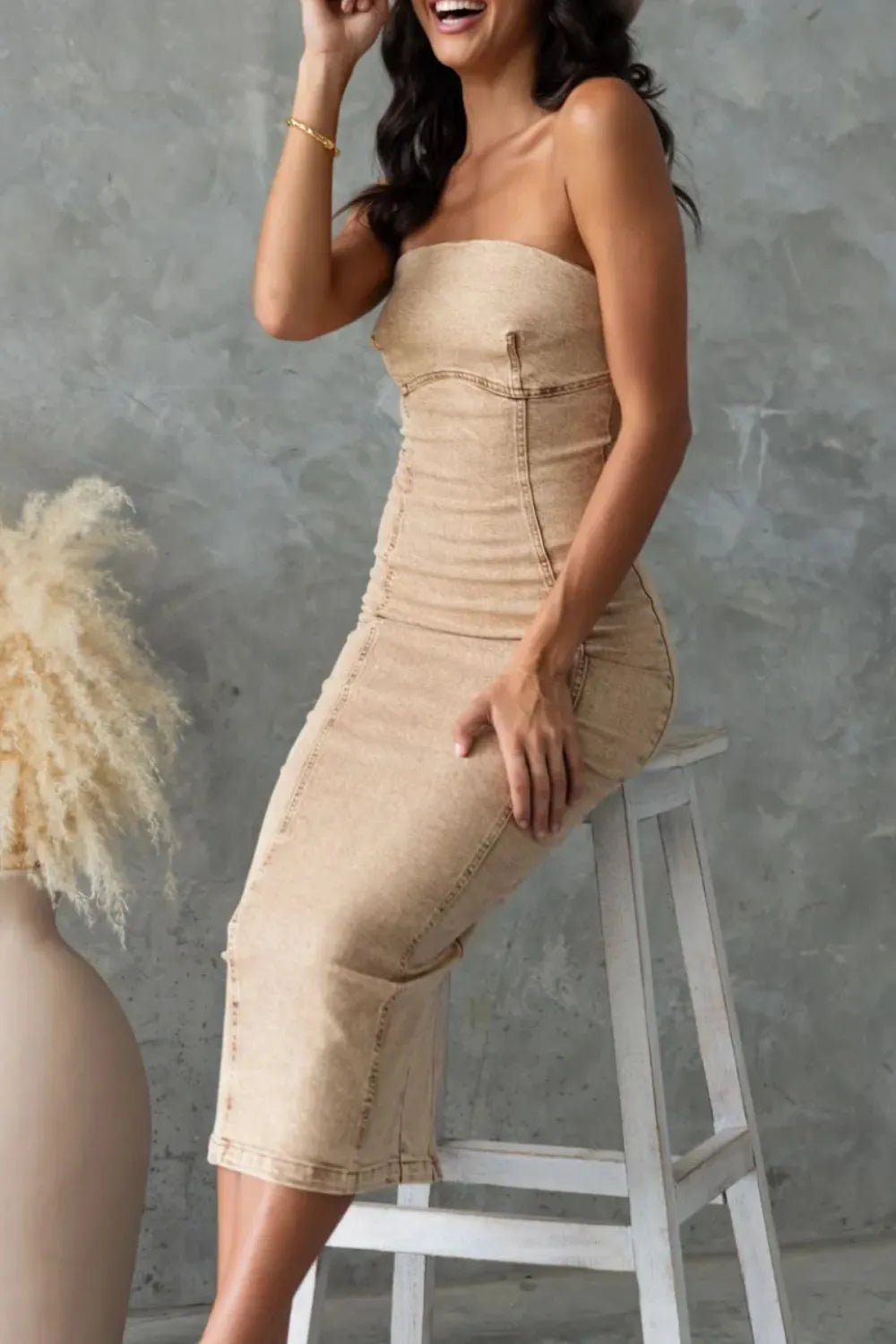 Washed Slit Back Tube Denim Dress - Crowned Energy CO.