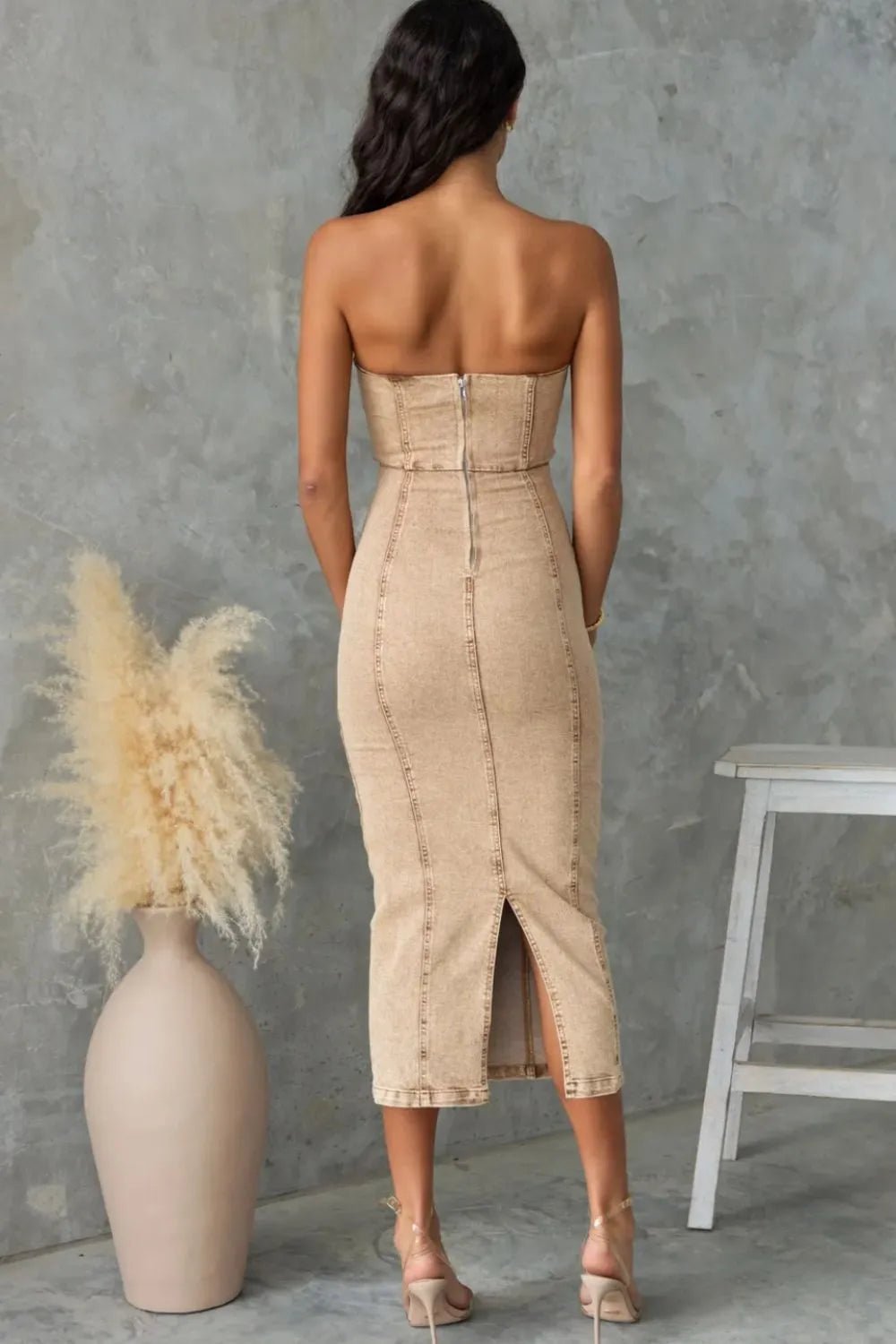 Washed Slit Back Tube Denim Dress - Crowned Energy CO.