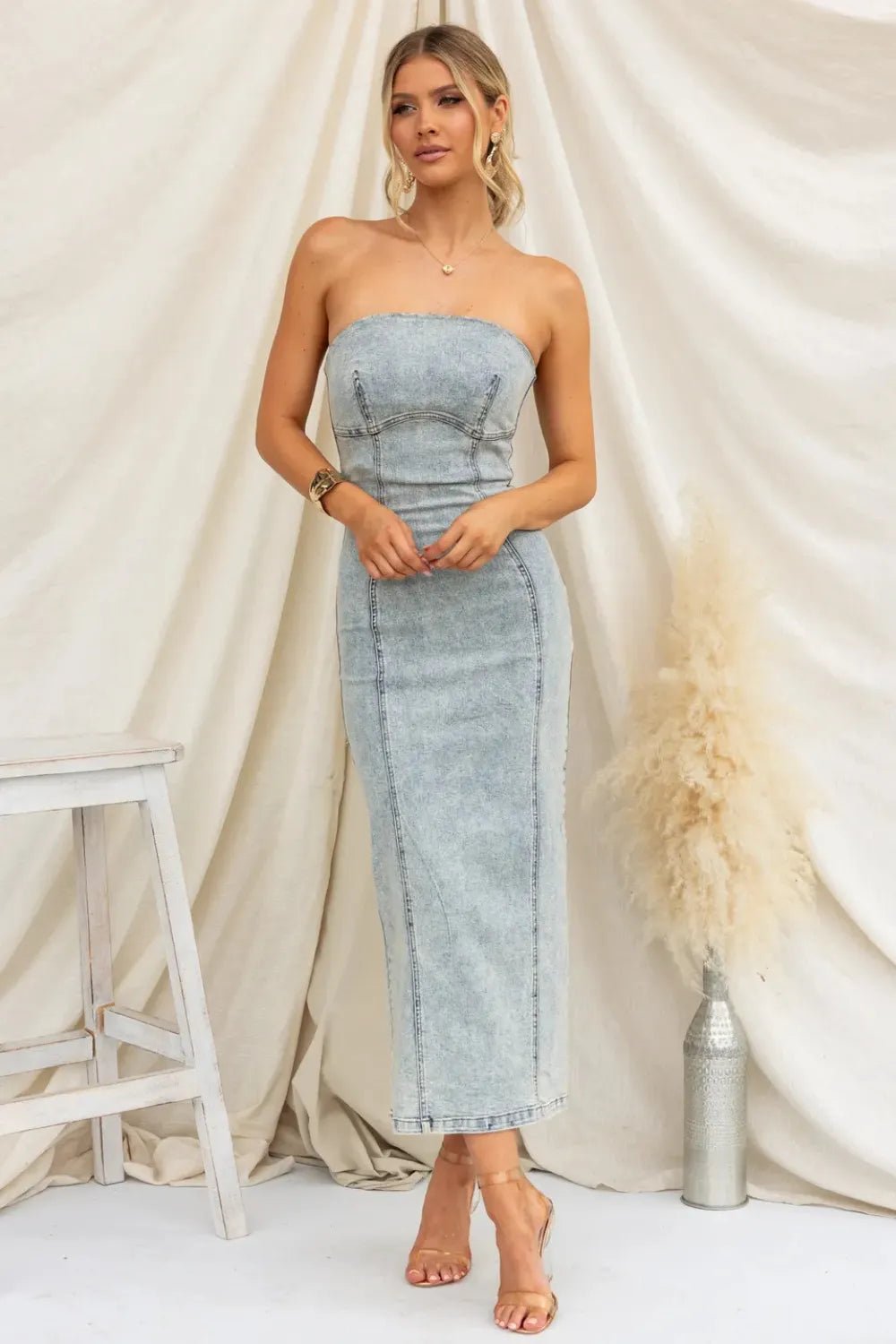 Washed Slit Back Tube Denim Dress - Crowned Energy CO.