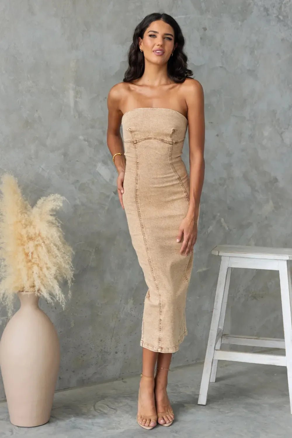 Washed Slit Back Tube Denim Dress - Crowned Energy CO.