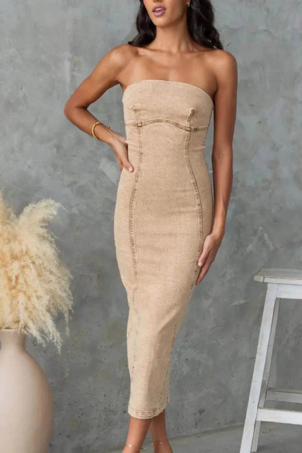 Washed Slit Back Tube Denim Dress - Crowned Energy CO.