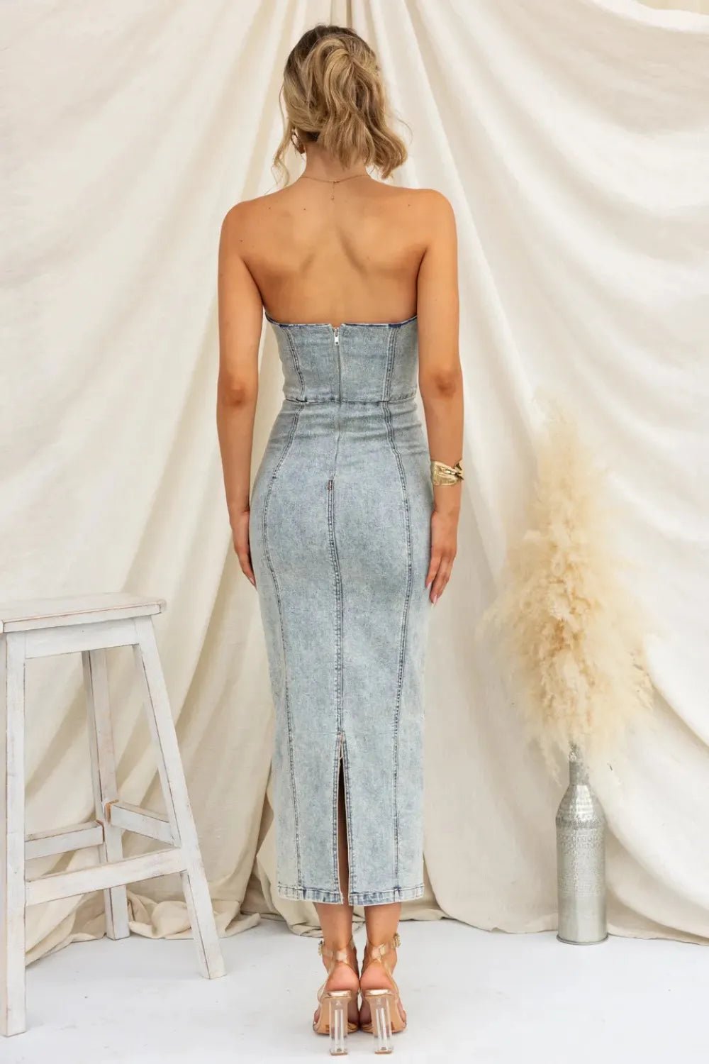 Washed Slit Back Tube Denim Dress - Crowned Energy CO.