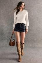 White Buttoned Bishop Sleeve Crew Neck Sweater - Goddess Vibes