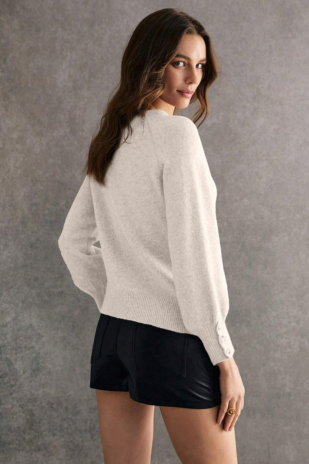 White Buttoned Bishop Sleeve Crew Neck Sweater - Goddess Vibes