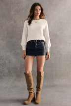 White Buttoned Bishop Sleeve Crew Neck Sweater - Goddess Vibes