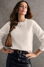 White Buttoned Bishop Sleeve Crew Neck Sweater - Goddess Vibes