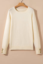White Buttoned Bishop Sleeve Crew Neck Sweater - Goddess Vibes