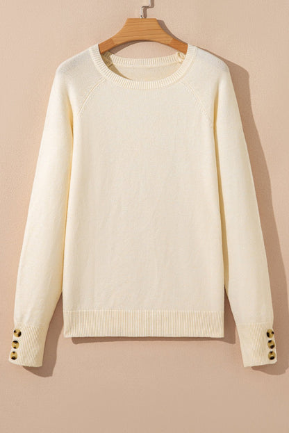 White Buttoned Bishop Sleeve Crew Neck Sweater - Goddess Vibes