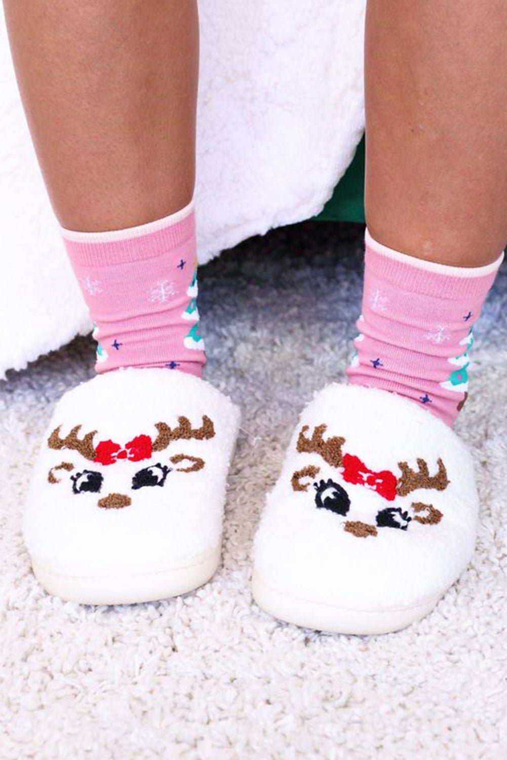 White Christmas Cartoon Pattern Plush Slippers - Goddess Vibes