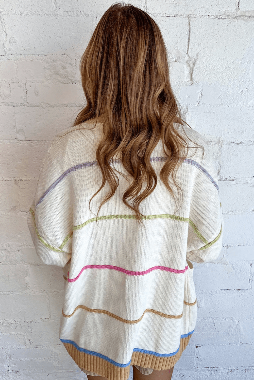White Color Block Striped Open Front Cardigan With Pocket - Crowned Energy CO.