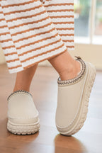 White Contrast Stitch Detail Faux Suede PU Patchwork Plush Winter Clog Slippers - Crowned Energy CO.