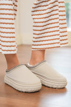 White Contrast Stitch Detail Faux Suede PU Patchwork Plush Winter Clog Slippers - Crowned Energy CO.
