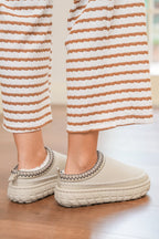 White Contrast Stitch Detail Faux Suede PU Patchwork Plush Winter Clog Slippers - Crowned Energy CO.