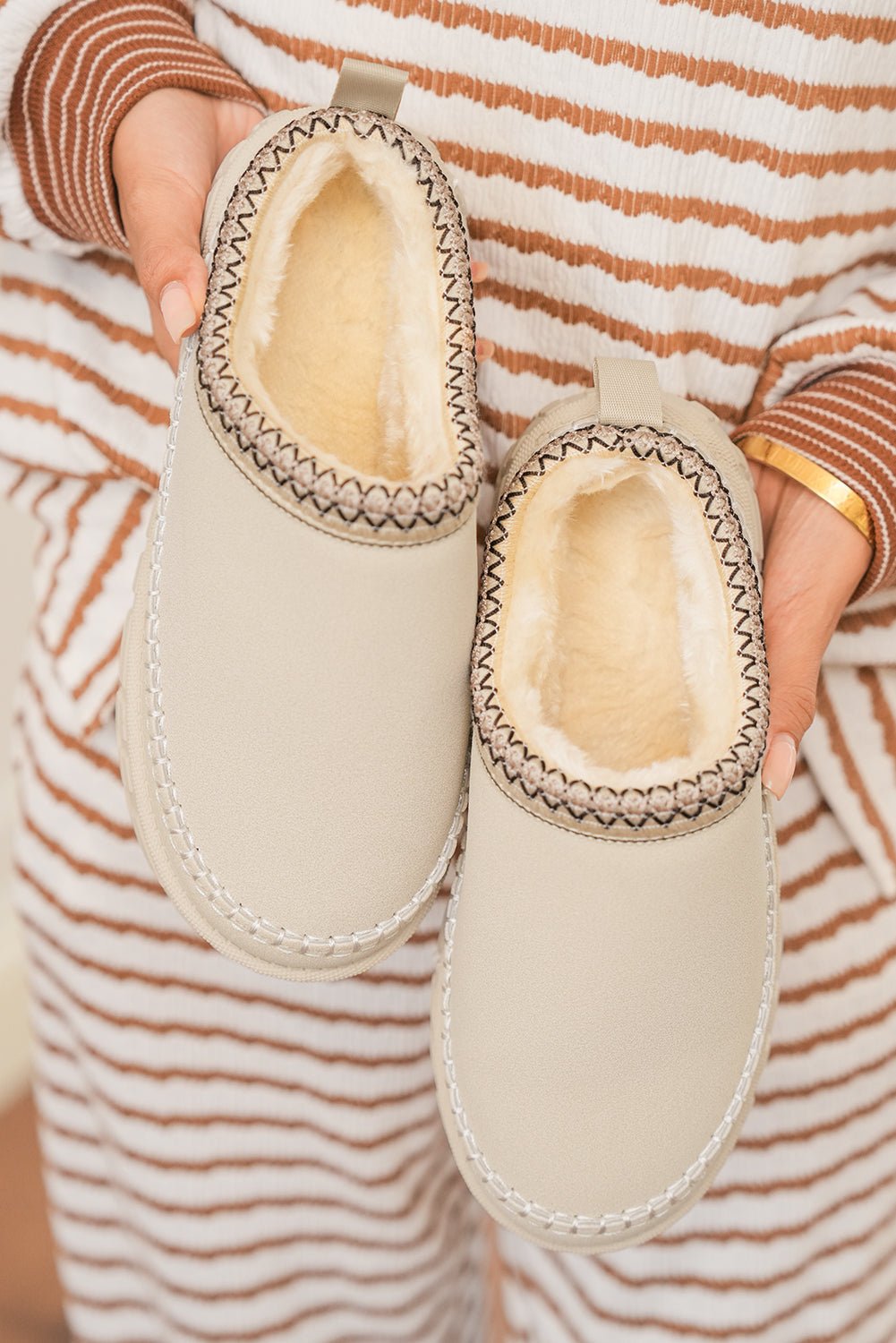 White Contrast Stitch Detail Faux Suede PU Patchwork Plush Winter Clog Slippers - Crowned Energy CO.