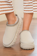 White Contrast Stitch Detail Faux Suede PU Patchwork Plush Winter Clog Slippers - Crowned Energy CO.
