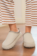 White Contrast Stitch Detail Faux Suede PU Patchwork Plush Winter Clog Slippers - Crowned Energy CO.