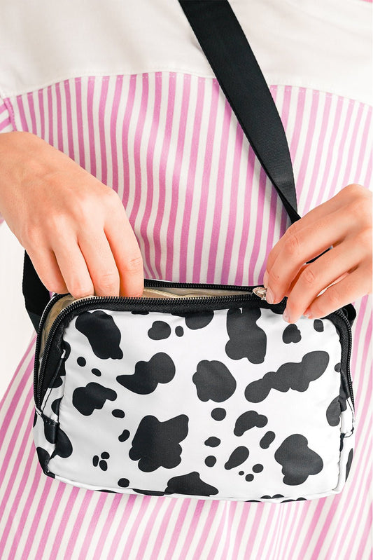 White Cow Pattern Print Buckle Wide Belt Inclined Shoulder Bag - Goddess Vibes