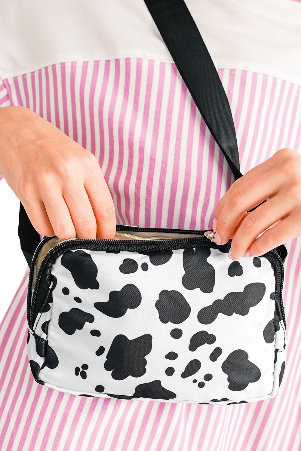 White Cow Pattern Print Buckle Wide Belt Inclined Shoulder Bag - Goddess Vibes