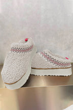 White Embroidered Sherpa Plush Thick Sole Winter Slippers - Goddess Vibes