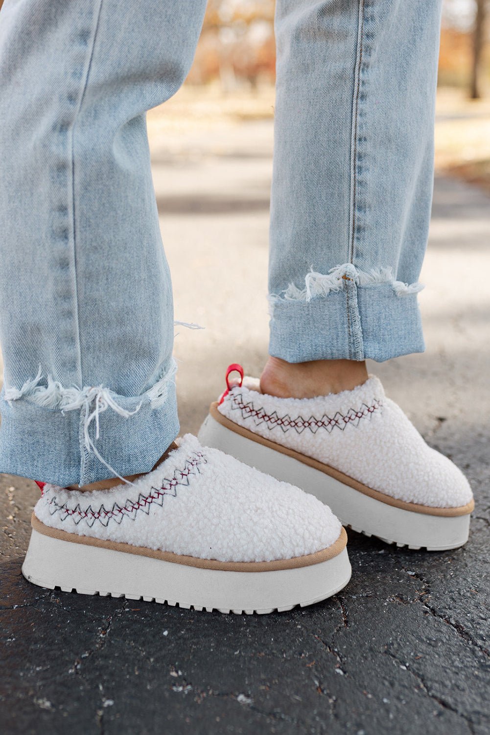 White Embroidered Sherpa Plush Thick Sole Winter Slippers - Goddess Vibes