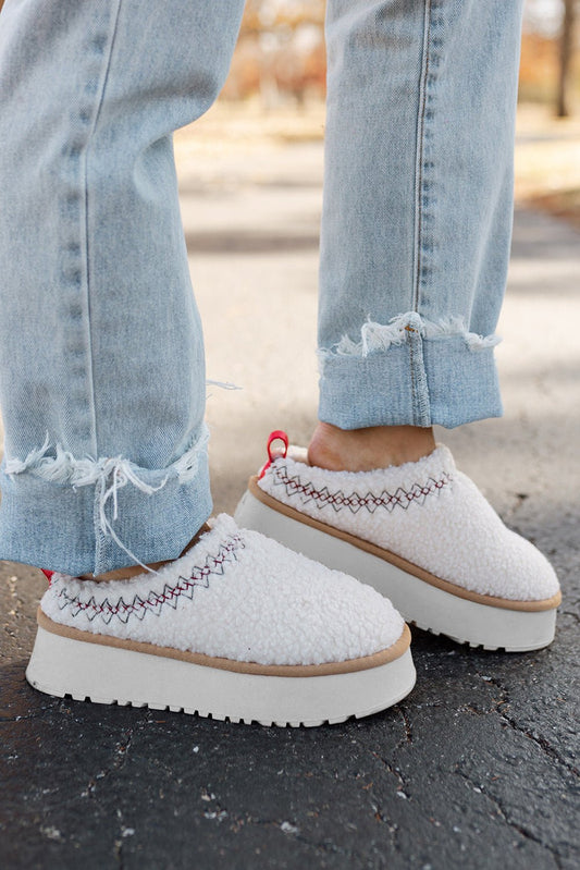 White Embroidered Sherpa Plush Thick Sole Winter Slippers - Goddess Vibes