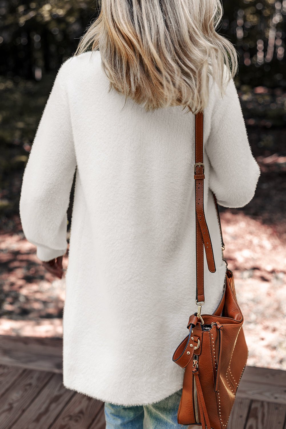White Fuzzy Buttoned Front Midi Solid Cardigan - Crowned Energy CO.