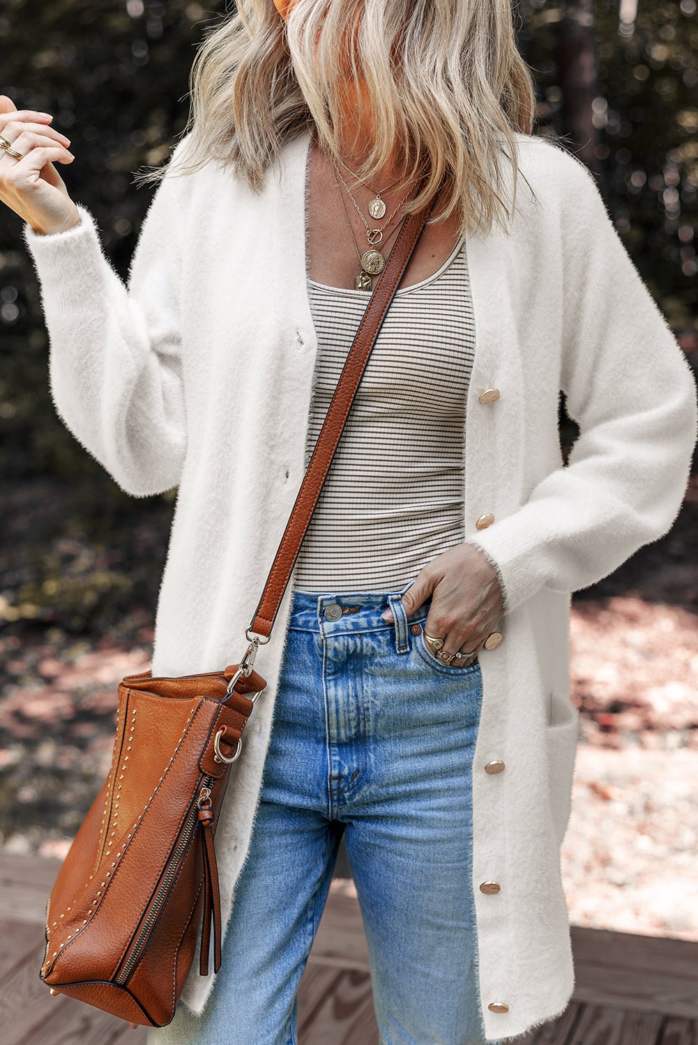 White Fuzzy Buttoned Front Midi Solid Cardigan - Crowned Energy CO.