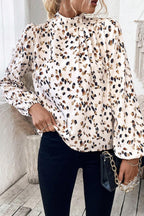 White Leopard Print Lantern Sleeve Mock Neck Pleated Blouse - Goddess Vibes
