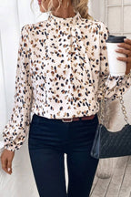White Leopard Print Lantern Sleeve Mock Neck Pleated Blouse - Goddess Vibes