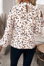 White Leopard Print Lantern Sleeve Mock Neck Pleated Blouse - Goddess Vibes