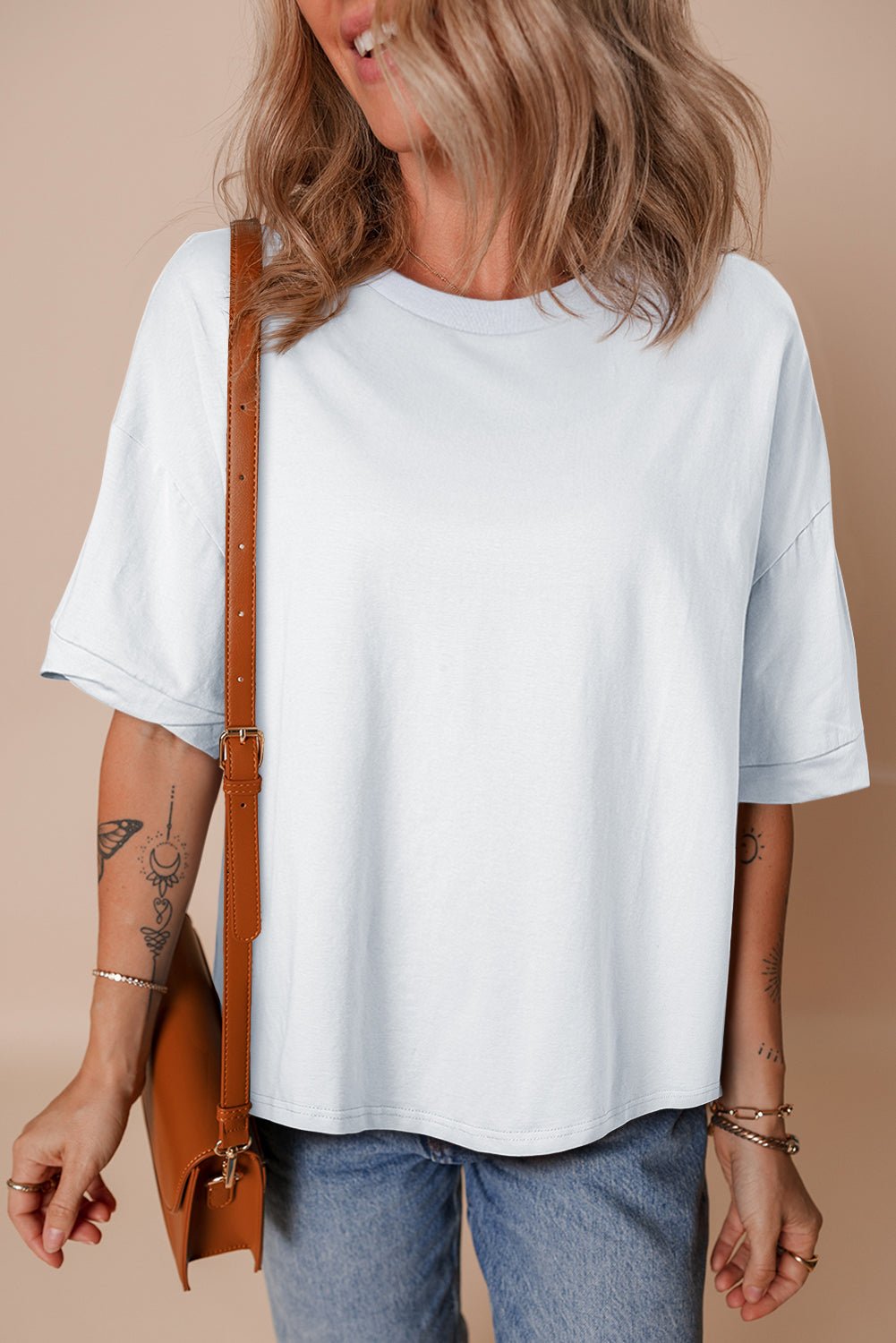 White Loose Half Sleeve Hi Low Hem T Shirt - Crowned Energy CO.