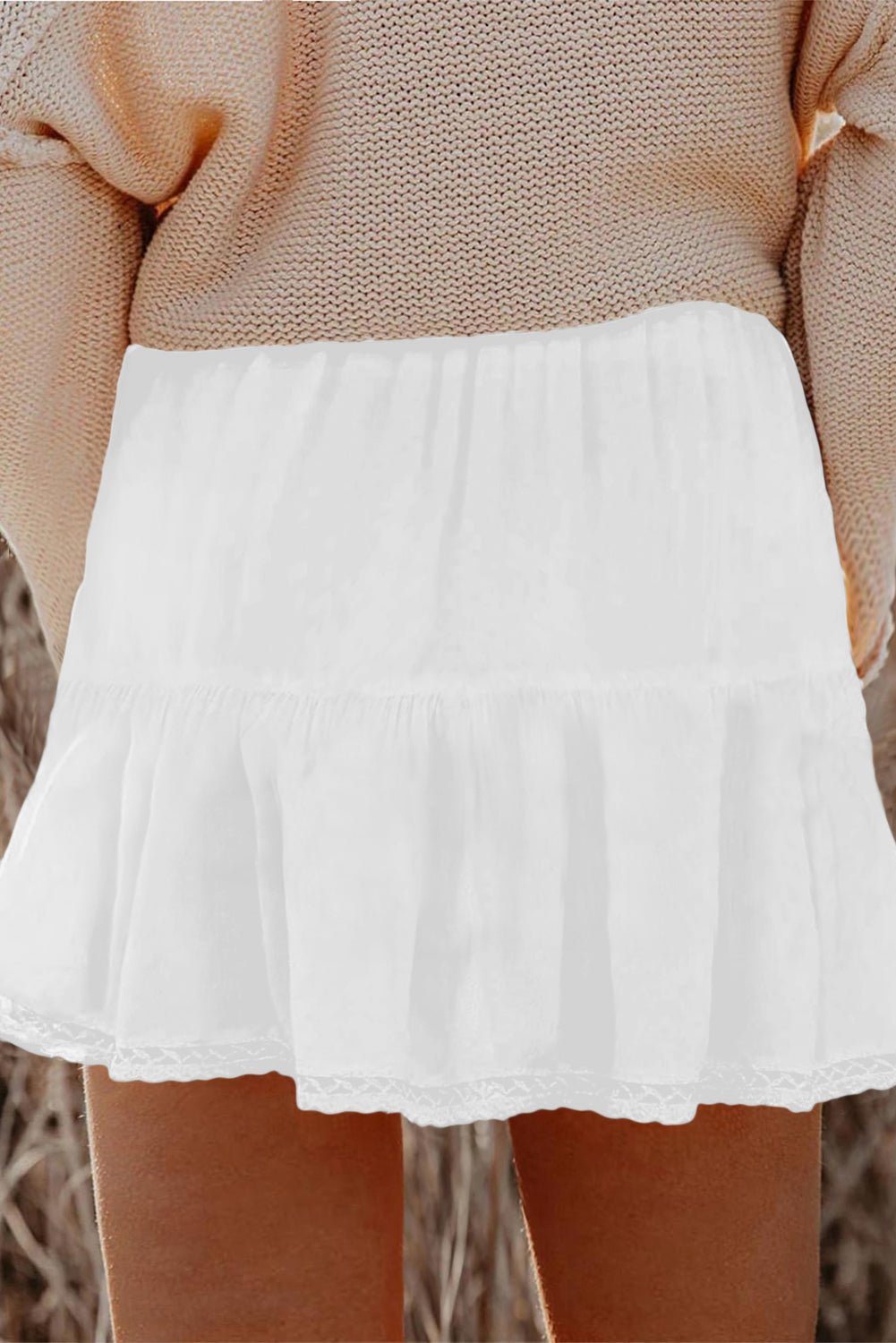 White Plus Size Frilled Elastic Waist Lace Trim Boho Ruffled Shorts - Crowned Energy CO.