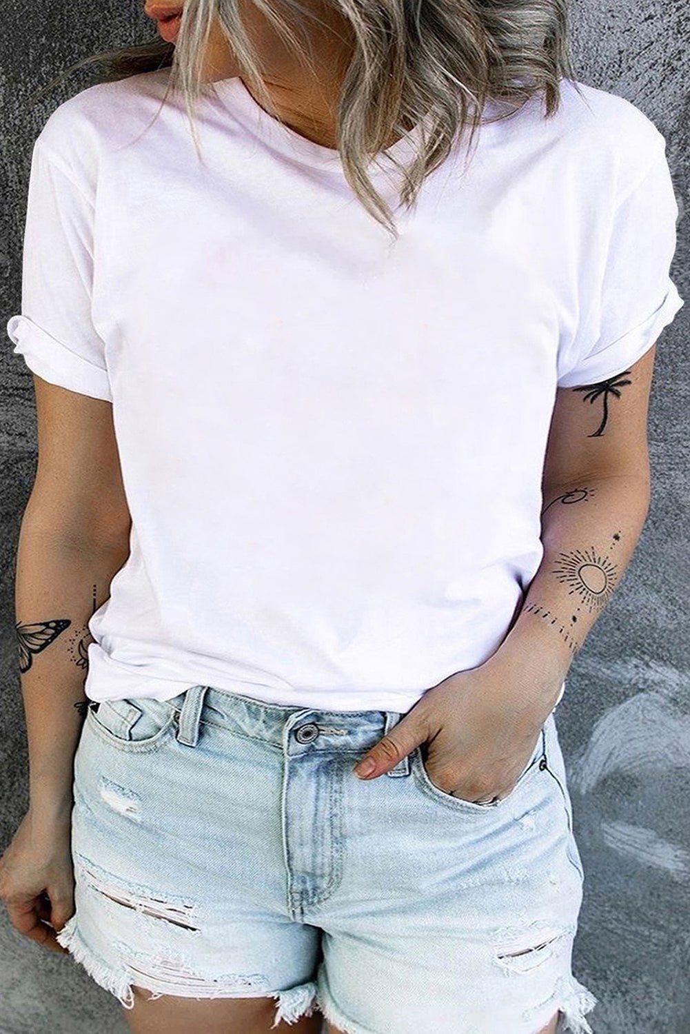 White Round Neck Rolled Sleeve Plus Size T-shirt - Crowned Energy CO.