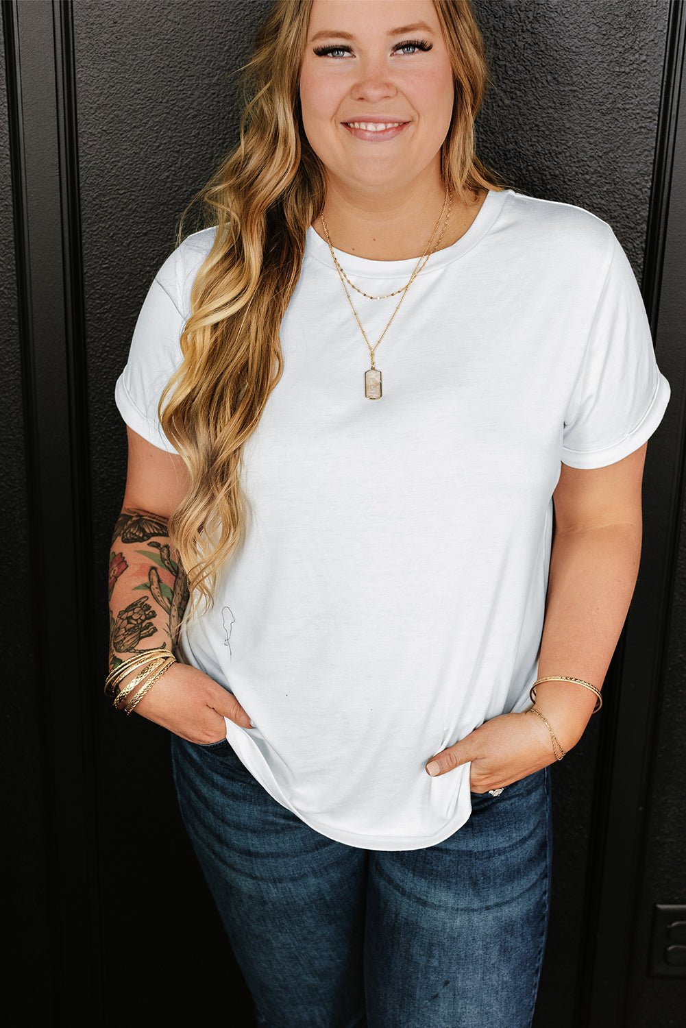 White Round Neck Rolled Sleeve Plus Size T-shirt - Crowned Energy CO.