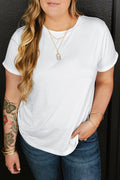 White Round Neck Rolled Sleeve Plus Size T-shirt - Crowned Energy CO.