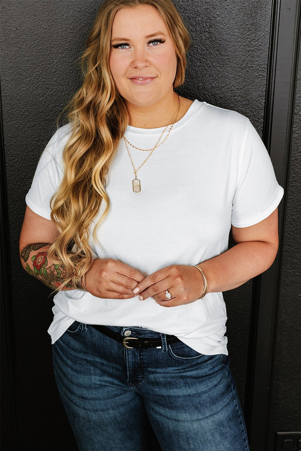 White Round Neck Rolled Sleeve Plus Size T-shirt - Crowned Energy CO.