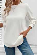 White Rounded Hem Waffle Long Sleeve Top - Goddess Vibes